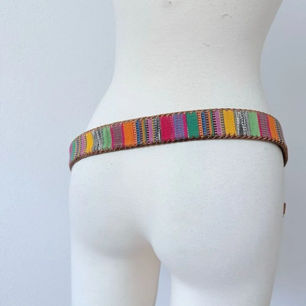 Vintage Whipstitch Brown Leather Stitched Belt Buckle Stripe Western XL